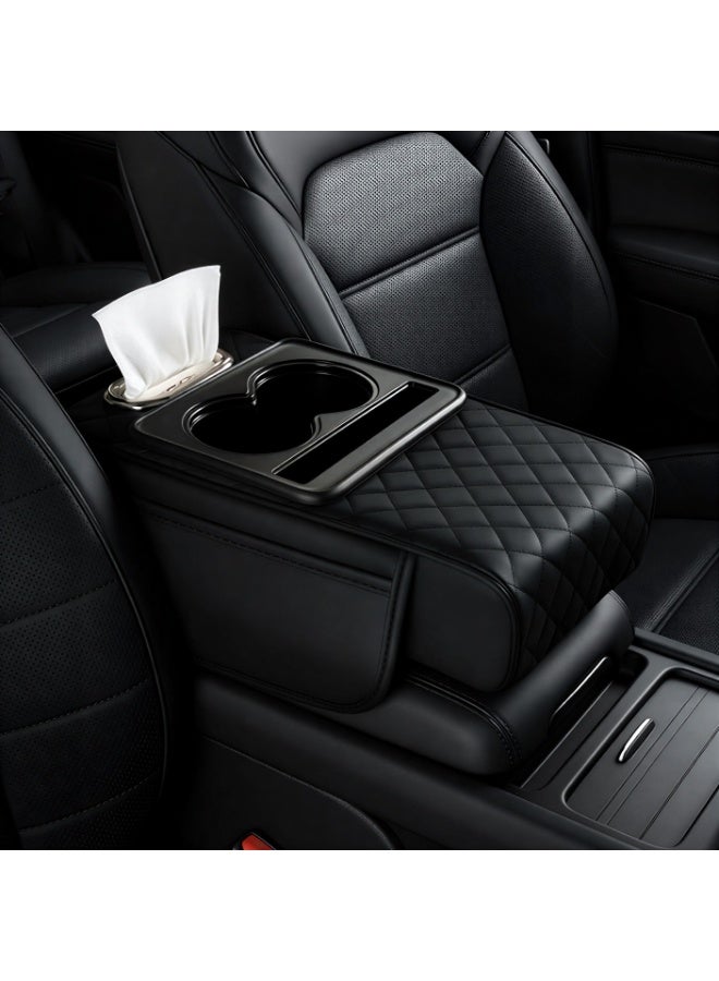 عام وسادة مسند الذراع - وسادة مريحة سميكة مع حامل أكواب ومناديل لوحدة التحكم في السيارة ومسند الذراع المركزية، شنطة تنظيم متعددة الألوان وحوامل أكواب مزدوجة - لون اسود - Image 1